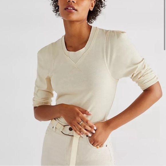 Free People | We the Free Puff Shoulder Oatmeal Clover Top Medium Boho Cotton - Picture 1 of 10